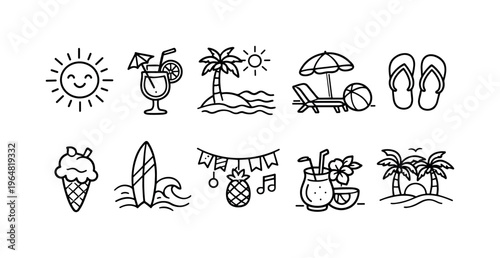Collection of simple hand-drawn summer holiday icons for vacation and travel