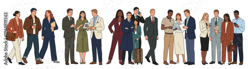 Full-length illustration of a large diverse group of multi-ethnic business professionals and office workers standing and walking, representing a global corporate team, isolated on white