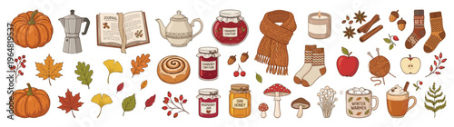 Hand-drawn Autumn Fall Cozy Elements Collection isolated on white, featuring pumpkins, colorful leaves, warm drinks, and comfort items for seasonal designs and marketing materials