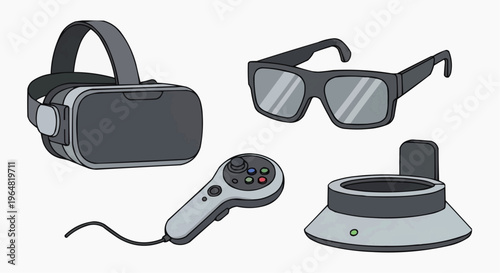 An illustration of VR glasses, 3D glasses, a controller, and a charging station. Presenting modern technology devices. 