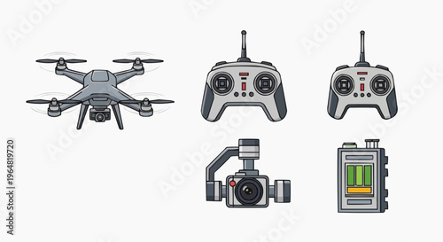 A drone and its components arranged, ready for flight. Featuring a remote controller, battery and camera, all essential parts of drone technology