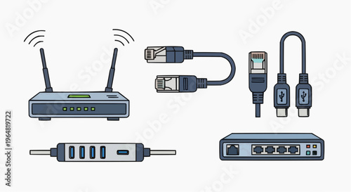 Network devices and cables illustration, depicting various elements such as a router and connectors