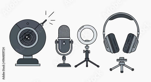 Recording setup equipment includes camera, microphone, ring light and headset. Perfect for content creation, podcasting and streaming