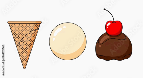 Delicious ice cream cone and scoop, featuring waffle cone and a cherry on top