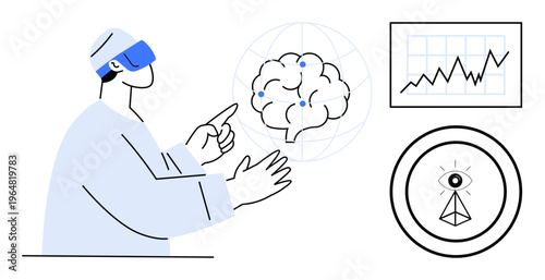 Virtual reality, artificial intelligence, data analysis, neuroscience, innovative technology, digital interaction. Person wearing VR headset pointing at a brain model. Virtual reality and artificial