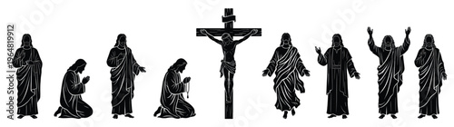 Jesus Christ Silhouette Collection in Multiple Poses: Prayer, Worship, Teaching, and Crucifixion, Representing Christian Faith, Spirituality, and Religious Themes, isolated on white