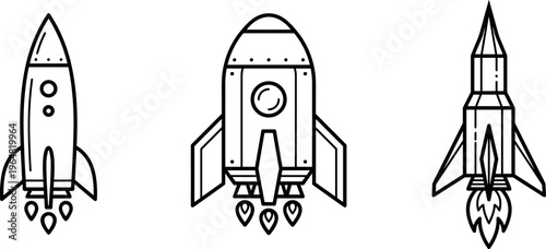 Rocket spaceship launch icons set, space shuttle spacecraft with flame engine start up technology exploration outline vector illustration isolated on transparent background