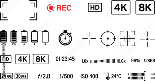 Camera recording interface elements set, video viewfinder frame battery timer resolution zoom fps iso shutter aperture indicators outline vector illustration isolated on transparent background