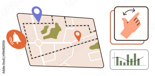 Navigation apps, route planning, location awareness, analysis tools, interactive gestures, travel optimization. Map with markers, hand gesture for controls graph for analytics. Navigation apps