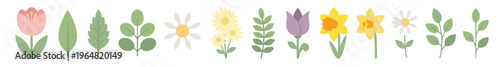 Collection of beautiful hand drawn spring flowers and green leaves isolated on white background for graphic design card creation and seasonal decorations featuring tulip narcissus and daisy icons