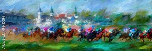 impressionist horse racing, digitally rendered impressionist oil painting captures the energy and movement of a horse race with vibrant colors and sweeping brushstrokes churchill downs is faintly