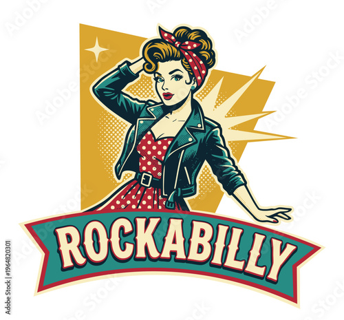 Rockabilly girl. Vector sticker in retro style