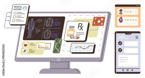 Digital health, telemedicine, electronic records, diagnostics, health tracking, mobile apps. Modern display showing medical history, analysis DNA and smartphone with interaction. Digital health
