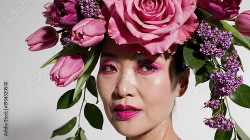 Woman with elaborate headpiece of pink roses and purple lilacs