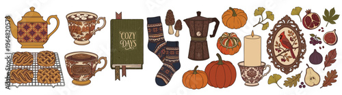 Warm Autumn Fall Season Cozy Hygge Elements Collection Isolated on White, Featuring Pumpkins, Teapot, Book, Socks, and Coffee for Seasonal Marketing and Design