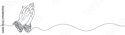 Continuous Line Art Drawing of Praying Hands Isolated on White, Symbolizing Faith, Hope, and Spirituality for Religious, Wellness, and Mindfulness Designs