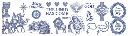 Vintage-style Christian and Christmas religious symbols, nativity scene, wise men, holy spirit, and faith-based text illustrations, isolated on white