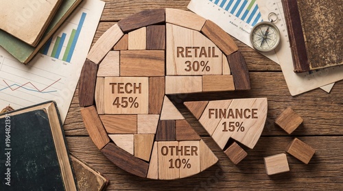 Pie Chart of Economic Sectors: An engaging pie chart comprised of diverse wooden blocks elegantly illustrates the distribution of economic sectors, including retail, tech, finance.