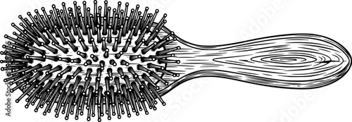 Elegant woodcut illustration of a classic hairbrush with wooden
