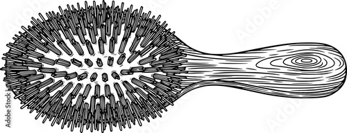 Elegant woodcut illustration of a classic hairbrush with wooden
