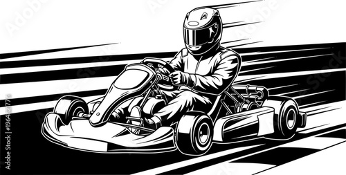 Illustration of a go-kart racer in action, black and white design
