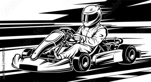 Illustration of a go-kart racer in action, black and white design
