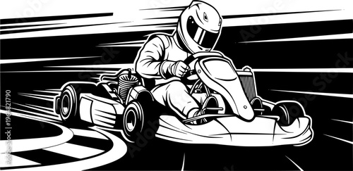 Illustration of a go-kart racer in action, black and white design
