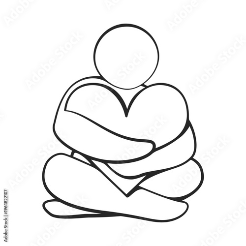 Abstract style person sitting down hugging a large heart for self care or body positive concept in outline vector