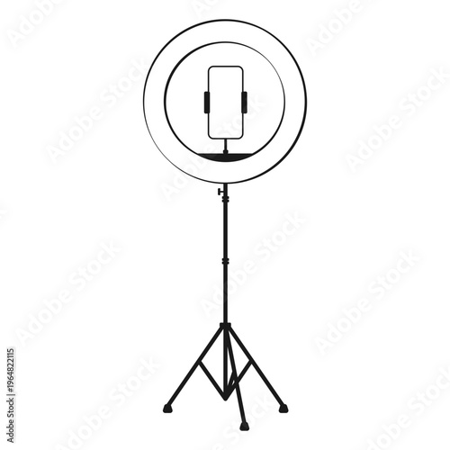 Ring light around a cell or mobile phone holder on a tripod for selfies, videos or live streaming black silhouette vector