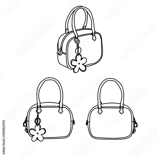 Three Hand Drawn Fashion Handbags With Flower Charms.