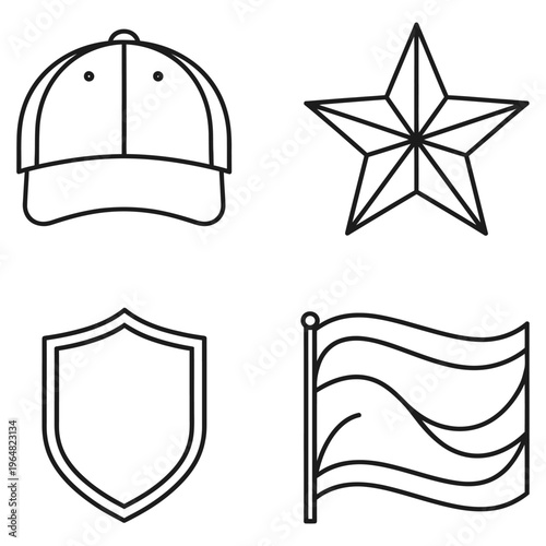 Shield and stars design elements vector illustration with sports headwear icons