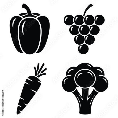 Colorful vector illustration of fresh fruits and vegetables icons in a healthy natural cartoon style