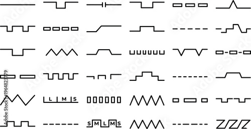 Electronic signal waveforms set, analog and digital pulse frequency oscillation square sine triangle patterns outline vector illustration isolated on transparent background