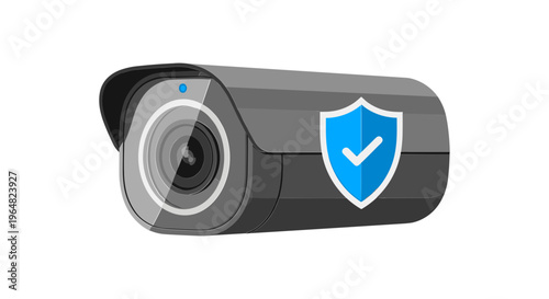 Security Camera with Shield and Checkmark Icon.