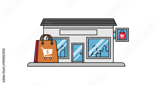 Shopfront with Shopping Bag and Signage.