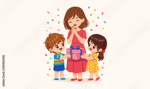 Happy Family Selfie, Mom with Son and Daughter Cartoon Style