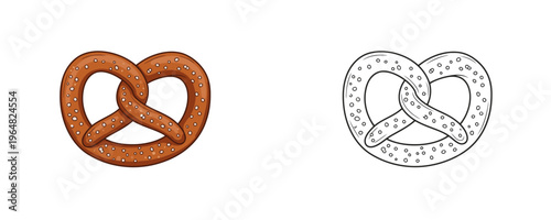 Flat colored and black line art cartoon illustrations of a salty brown pretzel representing traditional bakery snack products isolated on white background