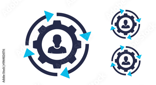 Abstract user icon surrounded by gears and orbit arrows in blue and white vector design.