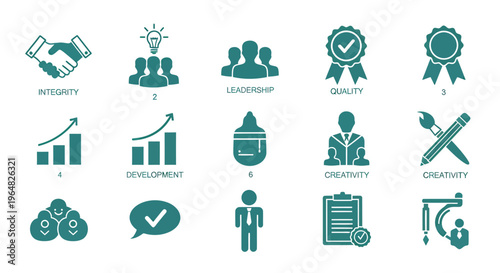 Collection of business icons depicting teamwork, growth, planning, and professional collaboration.