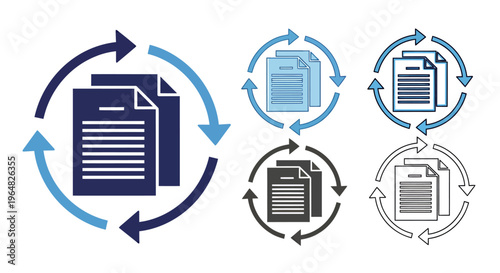 Multiple Circular Arrow Icons Circling Around Documents Illustration.