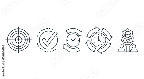 Workflow and teamwork icons illustrating a continuous improvement process and collaboration in business.