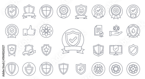 Collection of round monochrome security and achievement icons for graphic design.