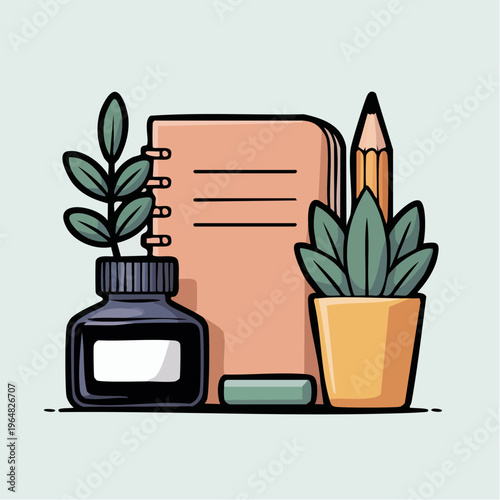 Colorful illustration of office supplies with plants