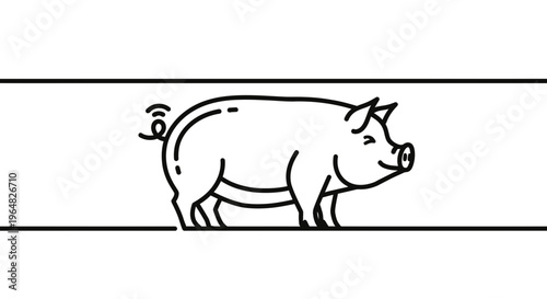 Charming monochromatic icon of a happy piglet with a friendly snout and a playful curly tail