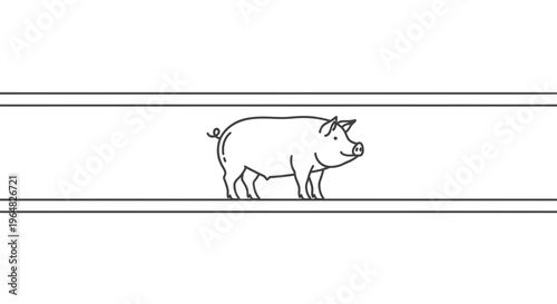 Minimalist outline drawing of a happy farm pig standing within a clean horizontal banner or frame