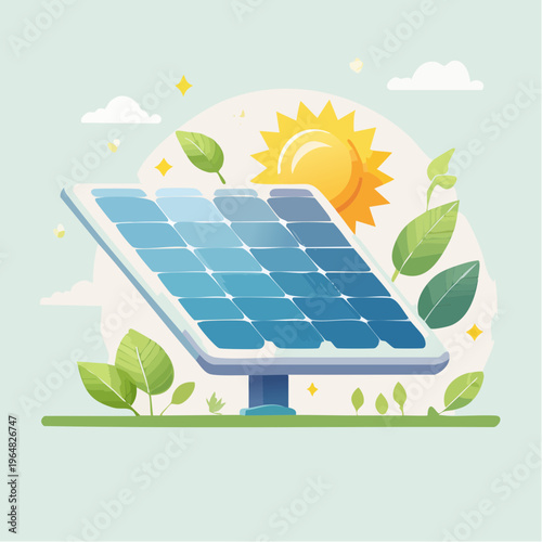 Solar panel illustration with sun leaves and clouds eco friendly renew