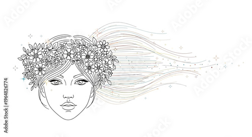 Graceful woman adorned with a beautiful floral crown and elegantly flowing, sparkling hair