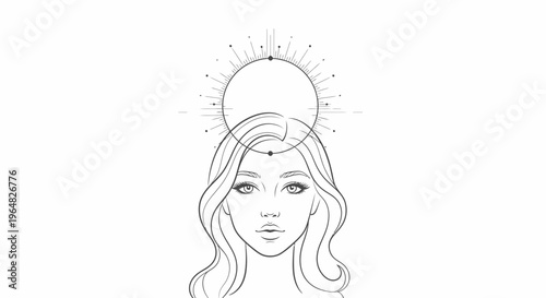 Elegant line art depiction of a woman with mystical celestial halo design above her head