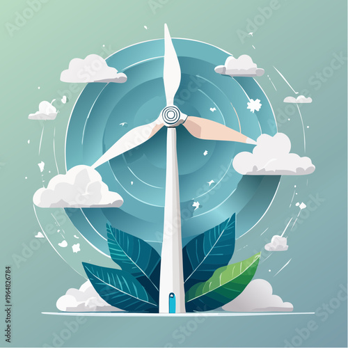 Eco friendly wind turbine illustration with clouds and leaves