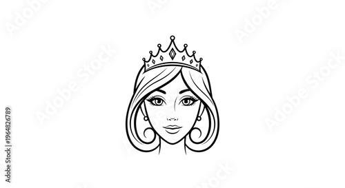 Elegant black and white outline illustration of a regal woman's face wearing a beautiful sparkling